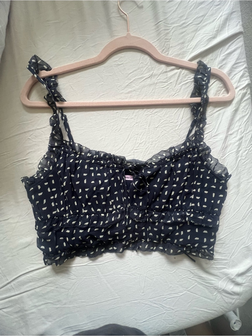 Hansen & Gretel Navy and Cream Printed Ruffle Tie Blouse